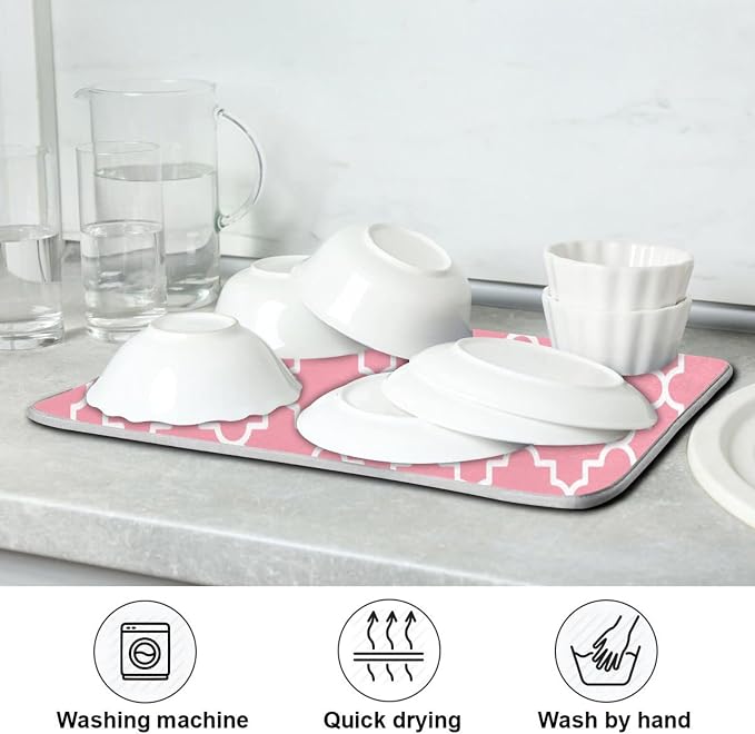 Super Absorbent Dish Drying Mat, Microfiber Fast-Drying Dish Mat, 24" x 18", Kitchen Dish Drying Pad, Pink Moroccan
