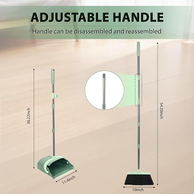 YZO Broom and Dustpan Set, 54.33 Inch Long Handle Standing Design, Dustpan Front Rubber Tight Seal, Broom with 5 Layer Bristles, Suitable for Living Room, Bedroom, Yard, Office (Green)