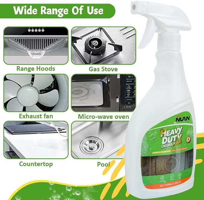 NUAN 2 Pack Kitchen Degreaser Cleaner, 500 ml Heavy Duty Grease Remover Spray for Stove, Range Hood, Cooktop & Kitchen Surface