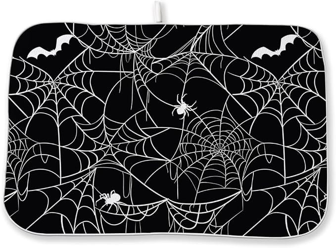 Halloween Dish Drying Mat 18 x 24 Inch Bat Spider Web Drying Mat for Kitchen Counter Absorbent Spiders Black Dishes Dry Pad for Drainer Rack Kitchen Fast Dry