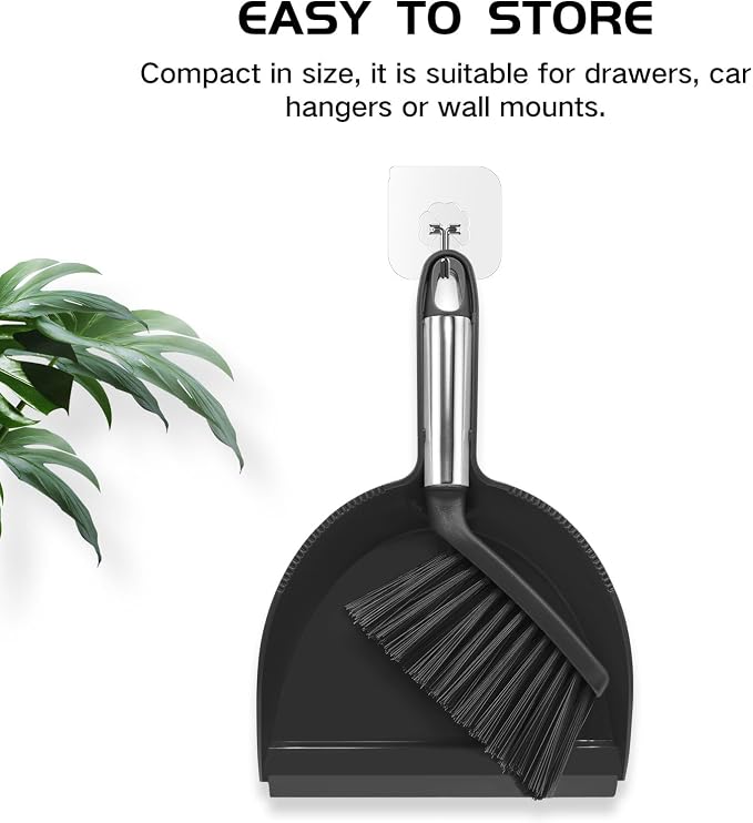 NACENA Mini Broom and Dustpan Set, 2 Packs, Black | Small Dust Pan and Brush Set with Handle Dustpan Teeth for Cleaning Hair Suitable for Desks Sofas Pet Care Outdoor Camping