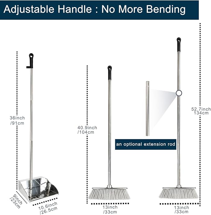 Soft Bristle Broom & Stainless Dustpan Set, Silver, Tile/Wood/Composite