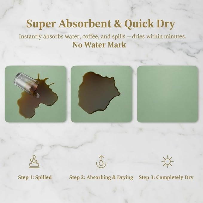 Dish Drying Mat Super Absorbent – 16" x 18" Coffee Mat for Countertops – Non-Slip Drying Mat for Kitchen Counter – Easy to Clean Water Absorbent Mat – Quick Dry Dish Mats (Sage)
