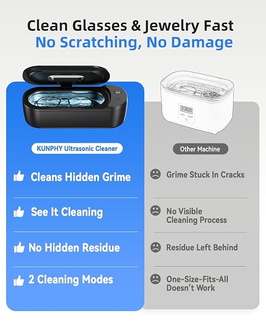 KUNPHY Ultrasonic Jewelry Cleaner, 400ml Sonic Cleaner for Rings, Glasses | 4 LED Light & Display, 48kHz Ultrasonic Cleaner, 400ml 304 Tank, Quiet 45dB, Dual 5/10min Timers, Overheat Protection, Black