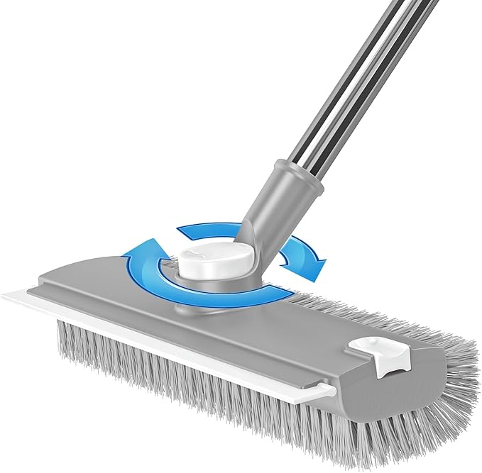 3 in 1 Floor Scrub Brush with Long Handle & Squeegee | Heavy-Duty, Adjustable, 360° Rotating Head for Cleaning Tile Bathroom Deck Kitchen Patio, Gray