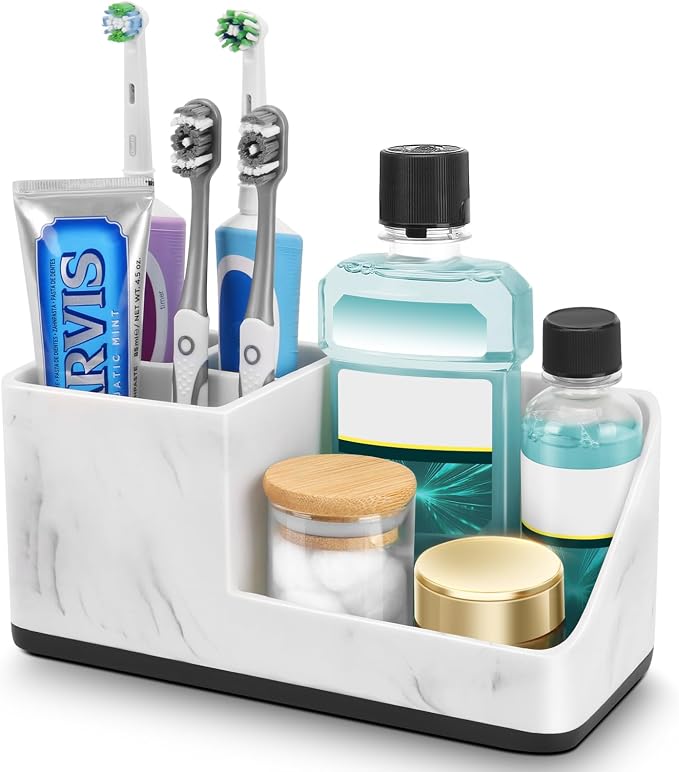 PARKMANI Marble Bathroom Counter Organizer, Kids Electric Toothbrush and Toothpaste Holders for Bathroom Organizers and Storage (Marble)