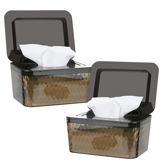 Wipes Dispenser, One-Handed Operation Wipe Holder for Baby & Adult, Seal-Designed Wipes Container for Bathroom Keep Diaper Wipes Fresh (2 Pack Brown)