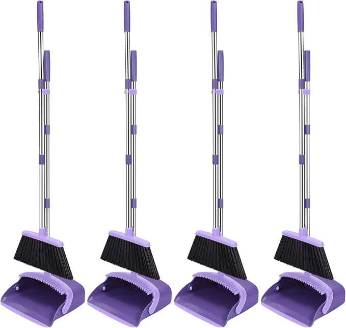 NACENA Broom and Dustpan Set, 52-in Long Adjustable Handle Broom Dustpan Combo with Dustpan Teeth to Automatically Clean Hair Suitable for Home Kitchen Office Hall Floor (Purple), 4 Pack