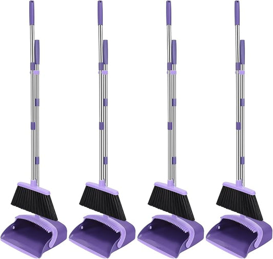 NACENA Broom and Dustpan Set, 52-in Long Adjustable Handle Broom Dustpan Combo with Dustpan Teeth to Automatically Clean Hair Suitable for Home Kitchen Office Hall Floor (Purple), 4 Pack