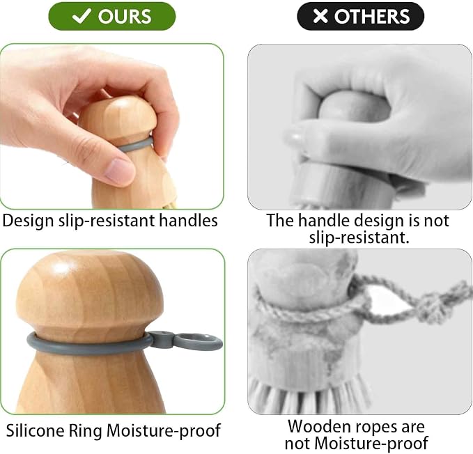 2 Pack Wooden Dish Brush with Soft Rubber Hanging Ring