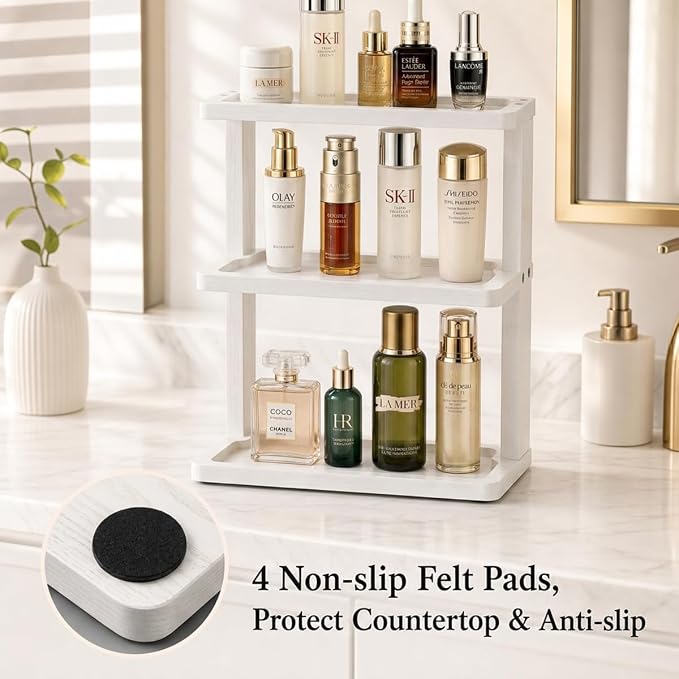PEKER Bamboo Bathroom Organizer Countertop – Vanity Storage Shelf for Makeup, Perfume, Skincare – Natural Cosmetics Display Rack for Dresser, Sink, Kitchen – White