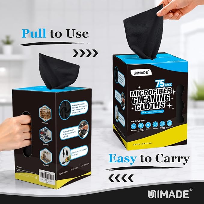 UNIMADE Microfiber Cleaning Cloth, 75 Sheets Microfiber Towels for Cars Commercial Grade Washcloths Lint-Free Bulk Shop Towel Cleaning Rags for Household Restaurant Garage Housekeeping, 11"x 9", Black