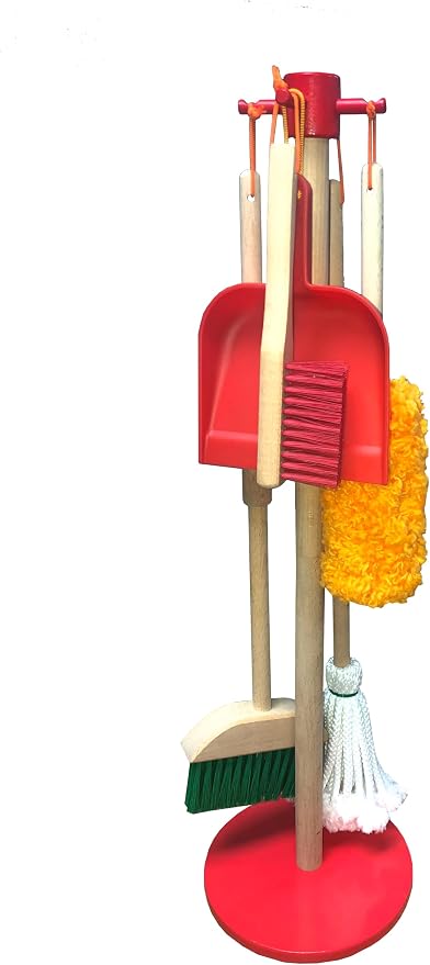 JustForKids Kids Cleaning Set, 6 Pieces - Wooden Pretend-Play Housekeeping Toy with Broom, Mop, Brush, Duster, Dustpan & Hanging Stand, STEM Learning Toy for Toddlers & Kids, Boys & Girls, Multicolor