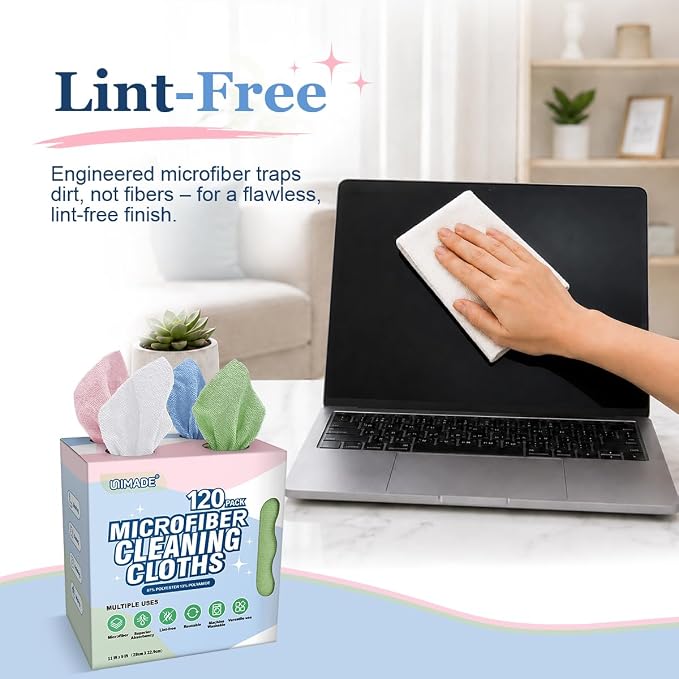 UNIMADE Microfiber Cleaning Cloth, 120 Pack Reusable Paper Towels Microfiber Towels for Cars Lint Free Shop Rags with for Home Kitchen Automotive, 11"x 9", White & Green & Blue & Pink