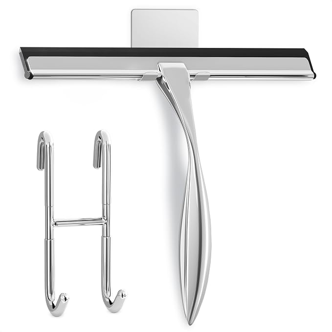 Shower Door Squeegee with Hook, 12" Silicone Blade, Steel (Silver) | Squeegee for Shower Glass with Adhesive Mount; All-Purpose Bathroom Tile, Mirror, & Window Wiper for Streak-Free Cleaning