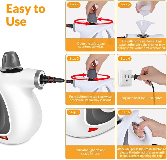 Handheld Steam Cleaner, Pressurized Hot Steam with 12 Accessories for Home | High Temperature Steam Removes Grease, Dirt and Stains from Kitchens, Bathrooms, Cars, Furniture, Tile and Grout.