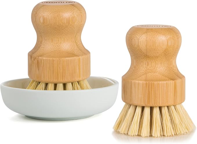 GREENTH PRO Bamboo Dish Brush-2 Pack Nature Sisal Scrubber Brush with Ceramics Holder-Wooden Brush for Pot,Dish and Vegetables