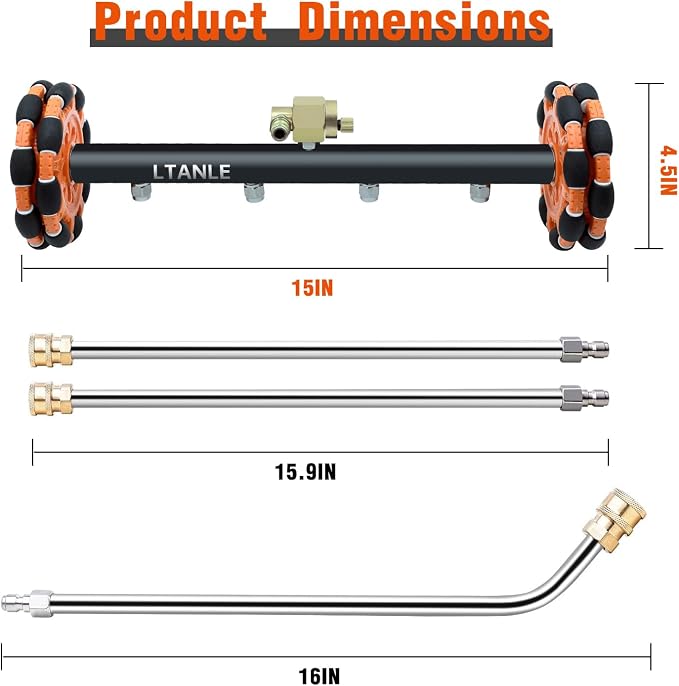 2-in-1 Can Move Horizontally Pressure Washer Undercarriage Cleaner Water Broom, 15" Surface Cleaner Power Washer Attachment with 4 Nozzles 3 Extension Rods andSpare Wheel，4000 PSI (15inch)