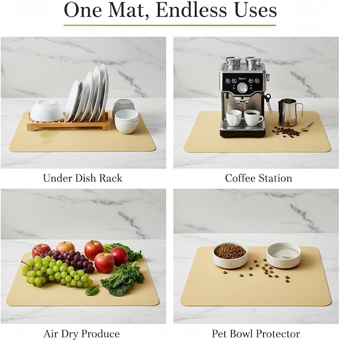 Dish Drying Mat Super Absorbent – 16" x 18" Coffee Mat for Countertops – Non-Slip Drying Mat for Kitchen Counter – Easy to Clean Water Absorbent Mat – Large Dish Drying Mats (Butter Yellow)