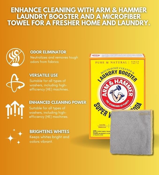 Detergent Booster and Household Cleaner Powder 55 oz Bundle with Microfiber Cloth - Enhances Laundry Detergent Power - Cleans Bathtubs, Microwaves, and More - (2 Items)