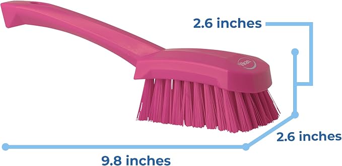 3 in W Scrub Brush, Stiff, 5 57/64 in L Handle, 4 1/2 in L Brush, Pink, Plastic, 10 in L Overall - 1 Each