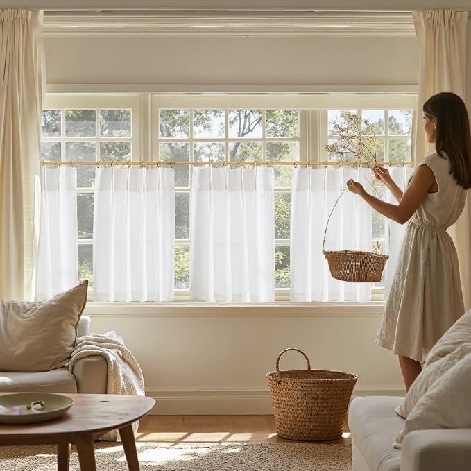 jinchan Linen Pinch Pleated Back Tab Tier Curtains, 26x24, 2 Panels, White | Light filtering,small window treatment,cafe curtains,machine washable,farmhouse,kitchen,bathrooms,laundry