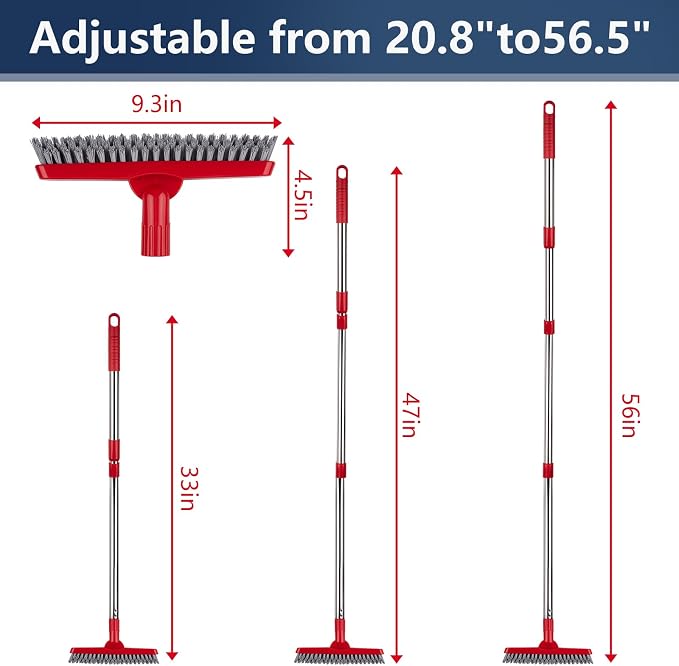 2 Pack Grout Brush with Long Handle, Swivel Cleaning Grout Line Scrubber - Extendable Durable Handle Grout Cleaner Brush for Bathroom,Tile,Baseboard,Walk in Shower,Corner & Narrow Space (Red)