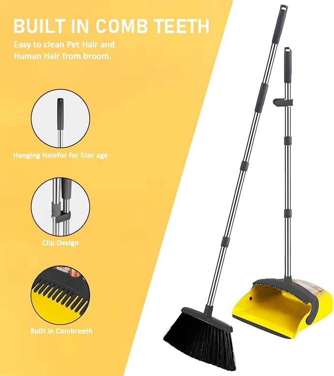 2-Pack is More economical，Brooms with Dustpan Combo Set，with 52" Long Handle, Dustpan Teeth with self-Cleaning Function, Indoor and Outdoor Sweeping, Perfect for Home Office (Large/Yellow /2-Pack)