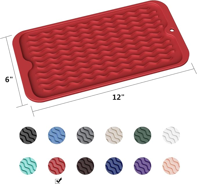 ZLR Silicone Sink Caddy Tray (6" x 12" / 153 x 305mm) - Narrow Sponge Holder for Kitchen Counter - Waterproof Dish Drying Mat, Non-Slip Soap Dispenser Mat & Bathroom Vanity Organizer (Lava Red)