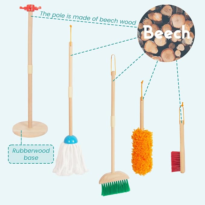 Kids Cleaning Set, Housekeeping Play Broom Set for Toddlers 3-8 | Include Broom Mop Duster Dustpan Brushes Rag,Organizing Stand,Cleaning Toys Gift for Girls Boys,Solid Beech Wood