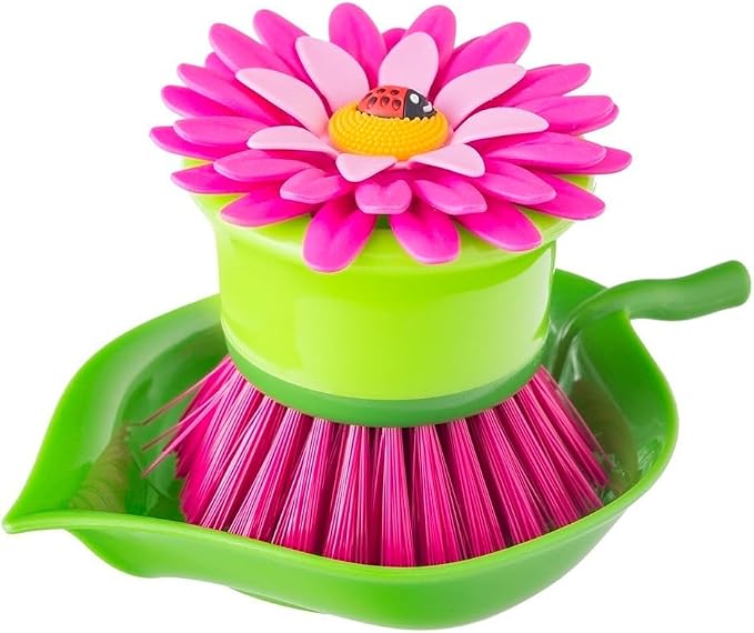 Vigar Flower Power Palm Dish Scrub Brush with Holder, Kitchen Scrub Brush for Dishes, Dish Scrubber, Sink Brush, Dishwashing Brush and Vegetable Scrubber for Household Cleaning - Pink, Green