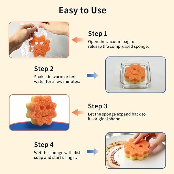 8 Pack Scrub Sponges, BIH Smile Dual-Sided Dish Sponge, 2 Shapes Temperature Sensitive Non Scratch Kitchen Sponges for Kitchen, Bathroom, Windows & All Household Surfaces, Stain & Odor Resistant