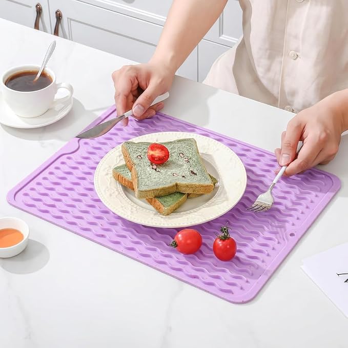 CAKETIME 2 Pack Multicolor Silicone Dish Drying Mat for Kitchen Counter Waterproof Place mats Sink Protector Stove Top Organizer Appliance Vanity Trays Dryer Rack Drainers Items 15"x11.5" Purple
