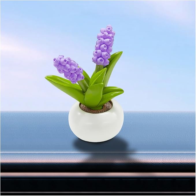 Mini Flower Car Dashboard Decoration - Cute Potted Plant Resin Figurines Car Desk Center Console Decoration - Aesthetic Auto Interior Ornament Accessories Funny Presents for Women (Hyacinth)