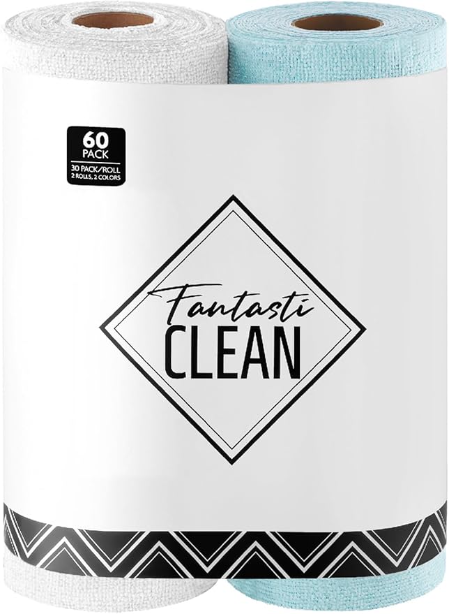 Fantasticlean Microfiber Cleaning Cloth Roll-60 Sheets,12"x12"(White, Blue) | Super Absorbent, Lint-free, Tear-away Microfiber Towel Roll, for All-Purpose Cleaning, Reusable Alternative to Paper Towels