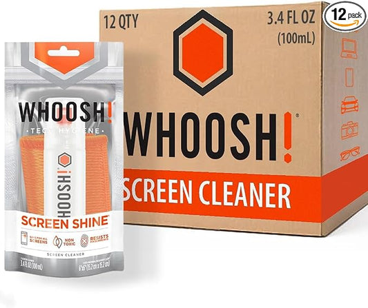 WHOOSH! Screen Cleaner Spray and Wipe [Set of 12] 3.4 fl oz + 1 Microfiber Cloth Wipes - Travel Size Electronic Cleaner for Car, Computer, Laptop, iPad, MacBook, Phone, Eyeglass - Lens Cleaner Kit