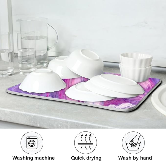 Super Absorbent Dish Drying Mat, Microfiber Fast-Drying Dish Mat, 24" x 18" , Kitchen Dish Drying Pad, Abstract Purplr Pink Marble Paint