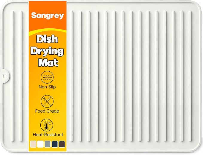 Songrey 16" x 12" Silicone Dish Drying Mat, Kitchen Counter Drying Pad for Sink Dishes or Under Rack, Multi-Use as Heat Resistant Trivet, Coffee Bar Mat