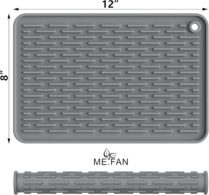 ME.FAN Silicone Dish Drying Mat for Kitchen Counter, Dish Drying Pad for Sink, Refrigerator or Drawer, Countertop Protection Pad S - 12'' x 8'' - Grey