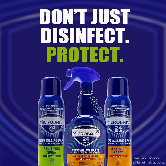 MICROBAN Sanitizing Spray, 15 oz., 2 Pack, Fresh Scent, Disinfects, Sanitizes, Eliminates Odors, and Keeps Killing 99.9% of Bacteria on Hard, Non-Porous Surfaces in Home for up to 24 Hours
