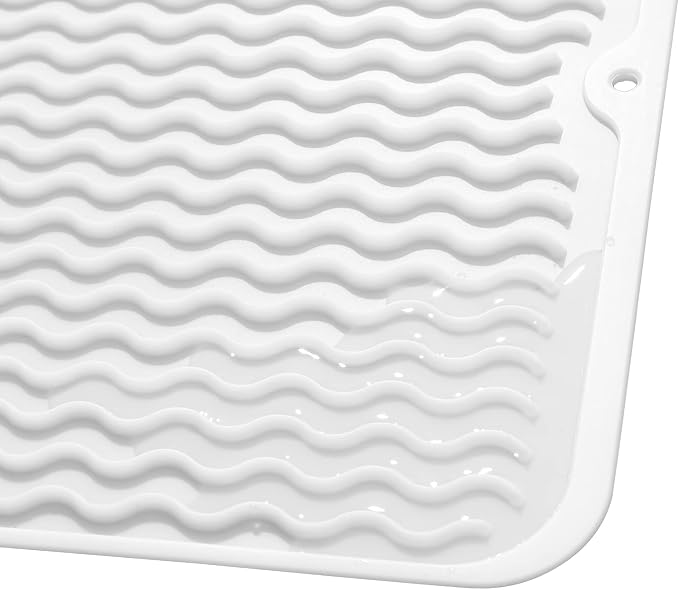 MicoYang Silicone Dish Drying Mat — Quick-Dry Ridges Counter & Sink Pad, Heat-Resistant Trivet to 450°F, Non-Slip & Dishwasher Safe, Roll-Up Storage, 18 Colors & 9 Sizes (White, 16"×12")