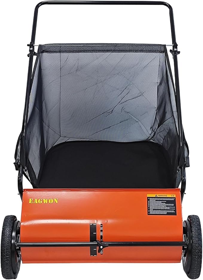 Push Lawn Sweeper, 26-Inch Width, 7 Cu. Ft. Hopper Capacity, 4 Spinning Brushes, Adjustable Height, Durable Steel Frame with Rubber Wheels, Orange