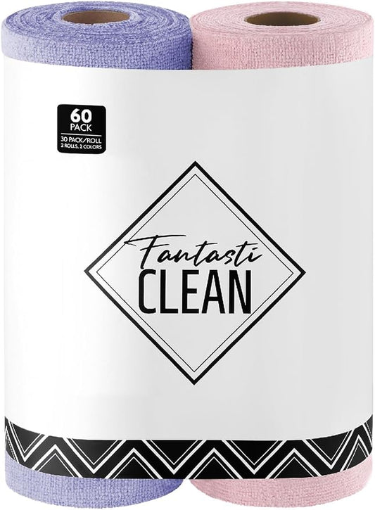 Fantasticlean Microfiber Cleaning Cloth Roll- 60 Sheets,12" (Pink,Lavender) | Super Absorbent, Lint-free, Tear-away Microfiber Towel Roll, for All-Purpose Cleaning, Reusable Alternative to Paper Towels