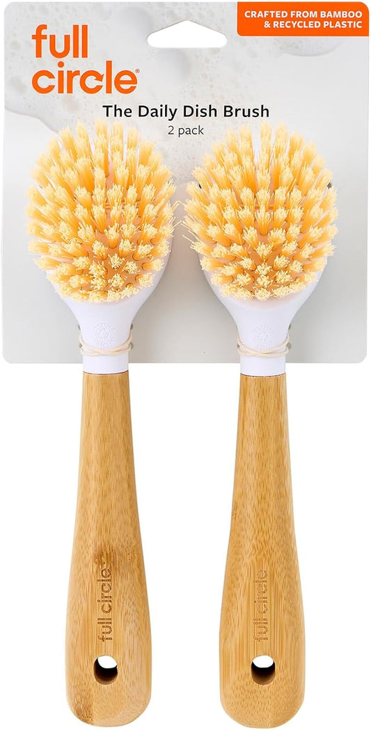 Full Circle Daily Dish Brush -Bamboo Handle Dish Brush –Sustainable Kitchen Cleaning with Tough Bristles -Natural Dish Scrubber, Nonstick & Cast Iron Cleaner-Long Handle Brush for Dishes, Pots, & Pans