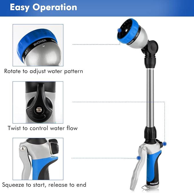 RESTMO Heavy Duty Metal Hose Wand, Watering Wand for Garden Hose | 180° Swivel Ratcheting Head, 16'' Hose Sprayer, 7 Spray Patterns, Flow Control, Ideal for Hanging Baskets & Shrubs, Blue