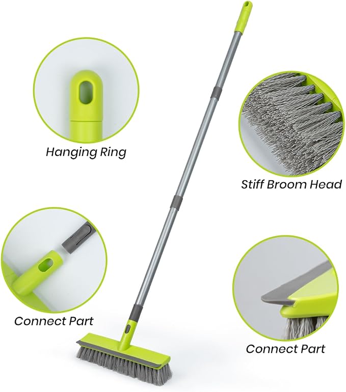Floor Scrub Brush with 57" Long Handle, 2 in 1 Scrape and Deck Brush Floor Scrubber for Cleaning Smooth Concrete, Carpet, Patio, Kitchen Wall and Tile
