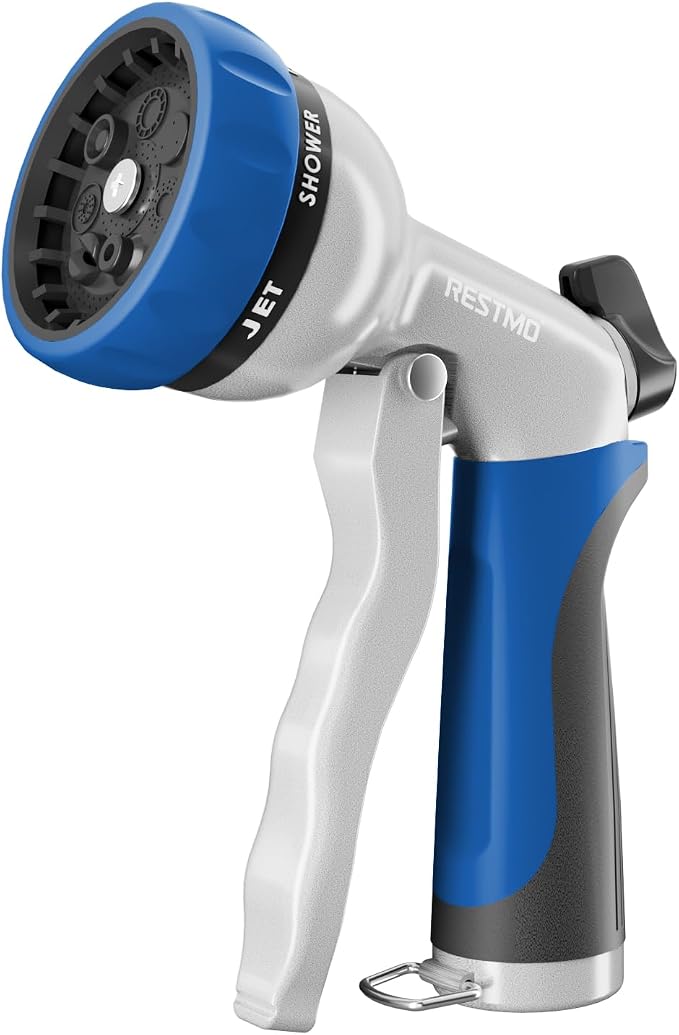 RESTMO Garden Hose Nozzle, Heavy Duty Metal Water Hose Nozzle with 7 Adjustable Spray Patterns, High Pressure Hand Sprayer with Flow Control, Best for Watering Plant & Lawn, Washing Car & Pet, Blue