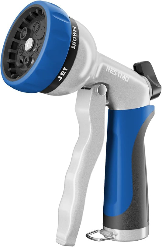RESTMO Garden Hose Nozzle, Heavy Duty Metal Water Hose Nozzle with 7 Adjustable Spray Patterns, High Pressure Hand Sprayer with Flow Control, Best for Watering Plant & Lawn, Washing Car & Pet, Blue