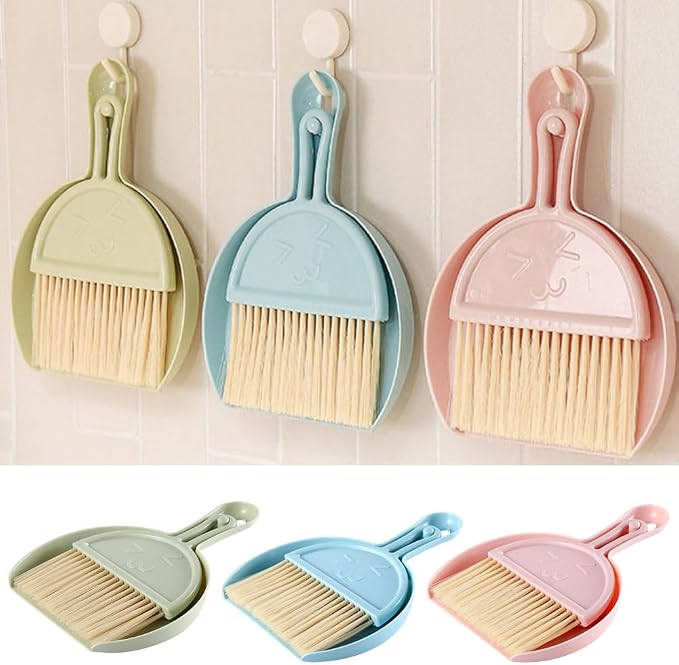3 Pcs Mini Broom and Dustpan Set,Small Hand Broom and Dustpan Cleaning Cloths Set for Home Car Kitchen Table Kids Dustpan Brush Set for Sweeping Up Kitty Litter Pet Hair, with Hanging Hook