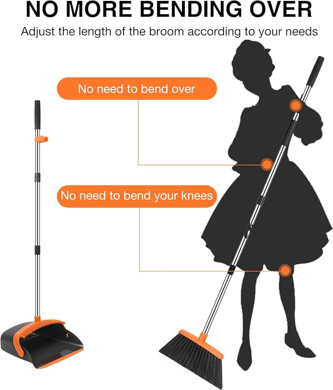 NACENA Broom and Dustpan Set with 52-in Long Adjustable Handle,Black Orange | Broom Dustpan Combo with Dustpan Teeth to Automatically Clean Hair Suitable for Home Kitchen Office Hall Floor